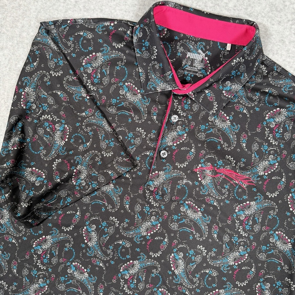 PUMA Men's XL Black Paisley Stretch Short Sleeve Button Polo 824488-01